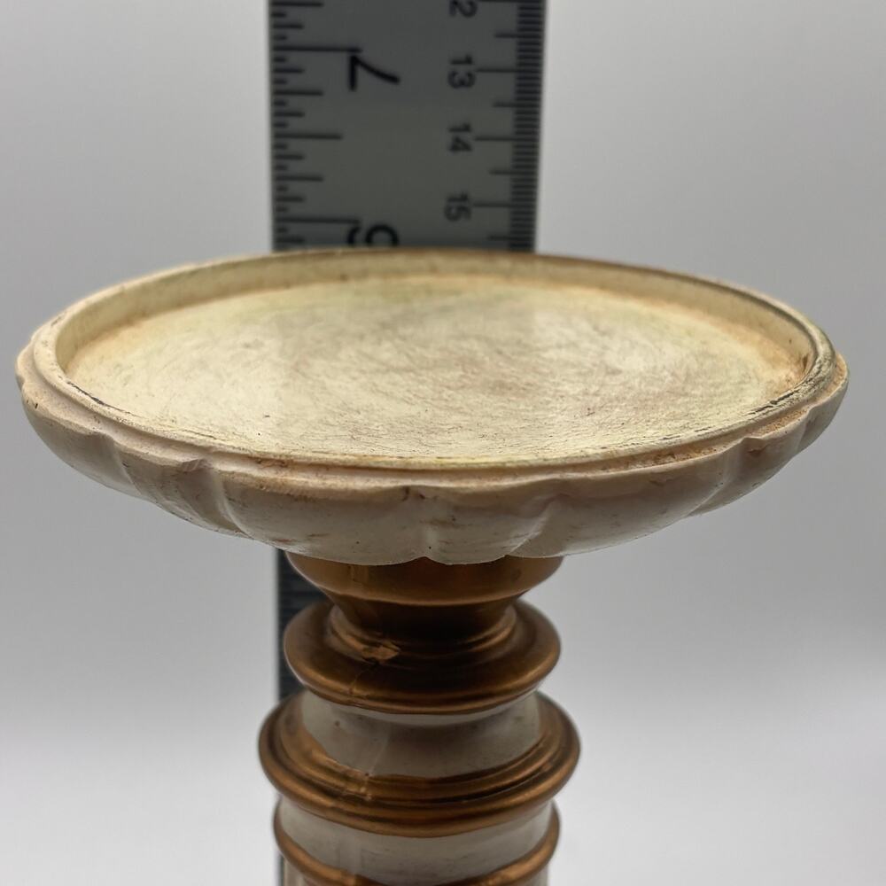 Cream and gold colored pillar candle pedestal French cottagecore VTG distressed - Picture 7 of 7